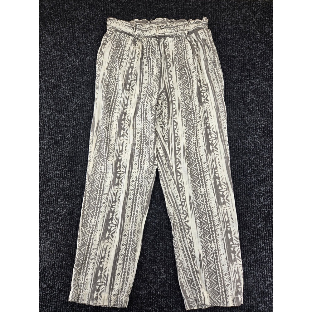 Cali 1850 Womens XL Grey White Tribal Geometric Linen Blend Paperbag Pants 51137